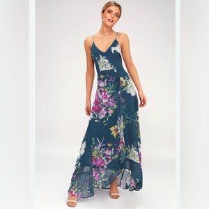 Lulus Passion Island Teal Blue Floral Print Maxi Dress Medium Floral Like New